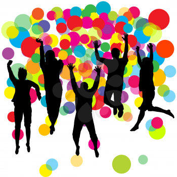 Happy boys and girls jumping over colored balls background