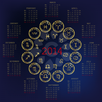 Royalty Free Clipart Image of a 2014 Calendar With Zodiace