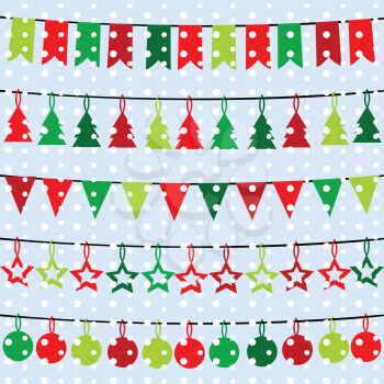 Christmas background with garlands and buntings over a snowflakes background