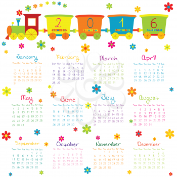 2016 Calendar with toy train and flowers