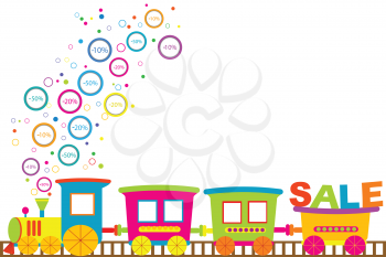 Background for discount sale with cartoon train and discount prices