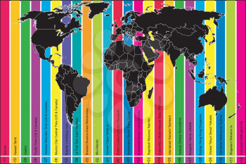 Background with world map and colorful time zones