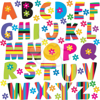 Happy alphabet set with flowers and stripes patterned letters