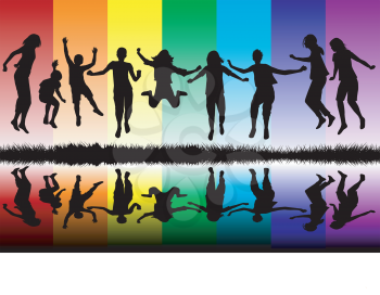 Children silhouettes jumping over a rainbow background