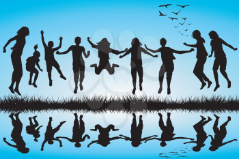 Group of boys and girls silhouettes jumping outdoor
