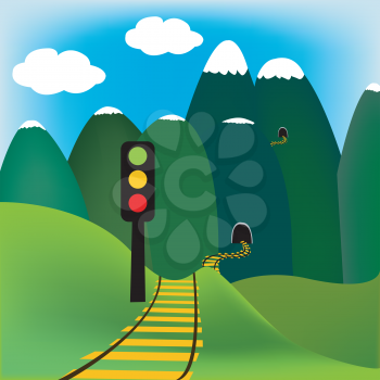 Mountain landscape with railway and traffic light