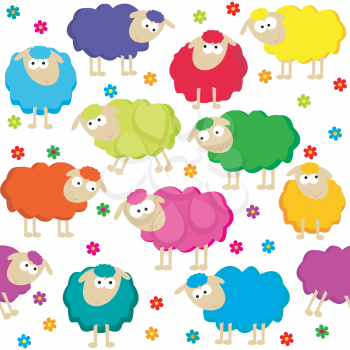 Seamless background with cute colored sheeps and flowers