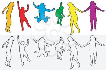Set of children silhouettes jumping with outline