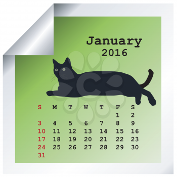 January 2016 Calendar with black cat silhouette