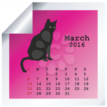 March 2016 Calendar with black cat silhouette