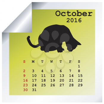 October 2016 Calendar with black cat silhouette