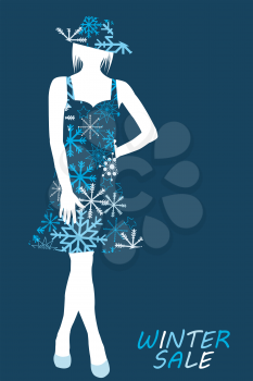 Winter sale illustration with woman silhouette in snowflakes dress