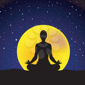 Silhouette of  young woman practicing yoga at night sky background