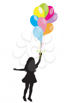 Girl silhouette with colorful balloons on white background