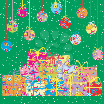 Christmas greeting card with present boxes and balls