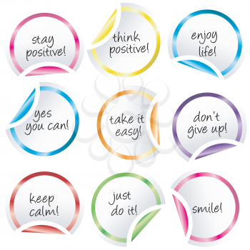 Round stickers with curled corners with positive  messages 