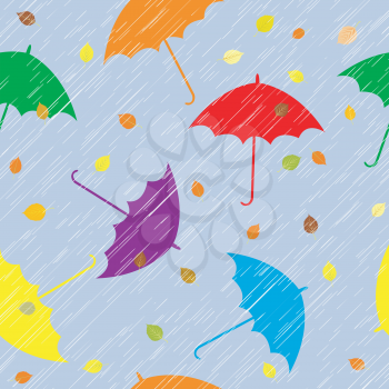 Rainy autumn background with umbrellas and leaves