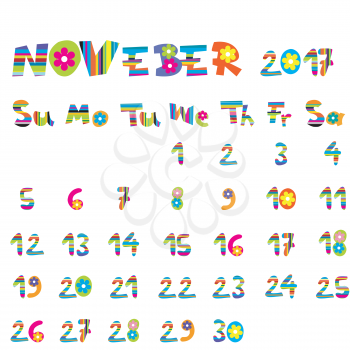Cute November 2017 calendar for kids