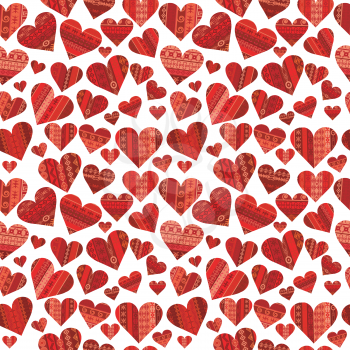 Red hearts in ethnic motifs pattern on white background