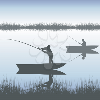 Men silhouettes fishing on lake from boat