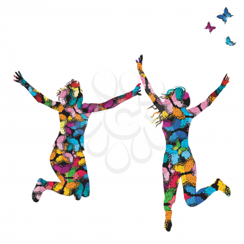 Collorful illustration with silhouettes of women jumping and colored butterflies