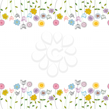 Seamless funny floral border with doodle colored flowers