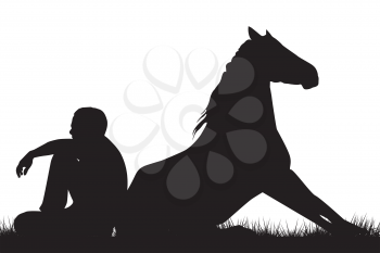 Man and horse sitting back to back on grass