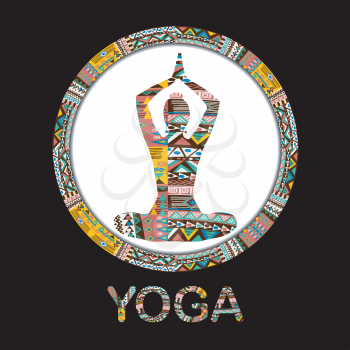 Silhouette of yoga woman ornate with ethnic decorative pattern