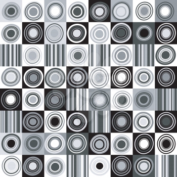 Black and white background with dots, circles and stripes
