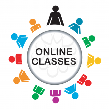 Online classes icon with round frame and stylized people