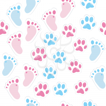 Seamless background with baby footprint and animal paws