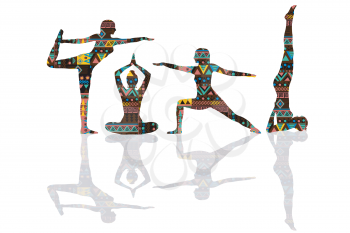 Yoga poses silhouettes witg ethnic motifs pattern