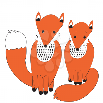Cute couple of foxes in simple doodle style