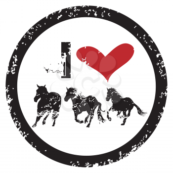 I LOVE HORSES rubber stamp with heart and three horses silhouettes
