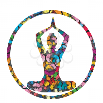 Colorful yoga icon with silhouette of a girl sitting in a lotus pose