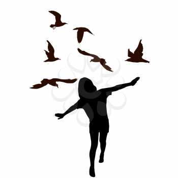Girl kid silhouette imitate bird flying and birds flying