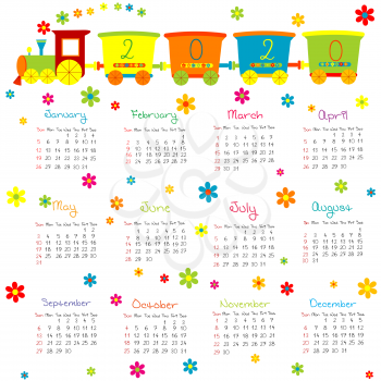 2020 Calendar for kids  with toy train and flowers