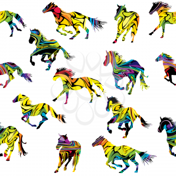 Colorful silhouettes of horses seamless background