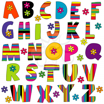 Cute colorful  English alphabet with flowers and stripes