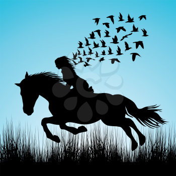 Illustration of woman riding a horse and birds flying