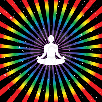 Man sitting in pose of lotus meditating on starry outer space background with sunburst in chakra colors