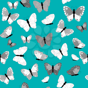 Black and white butterflies on green background