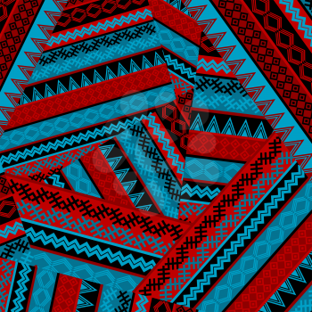 Creative seamless patchwork pattern with blue and red geometrical motifs