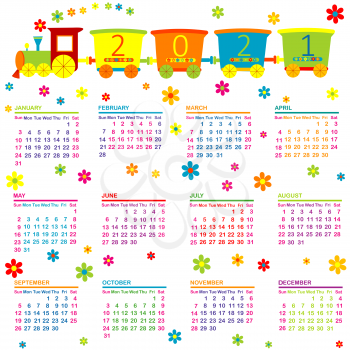 2021 Calendar with toy train and flowers for kids