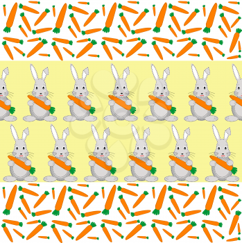 Rabbits and carrots seamless pattern on yellow background