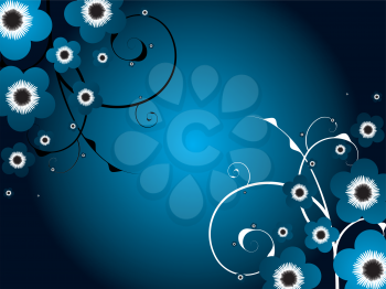 Royalty Free Clipart Image of a Blue Background With Flowers in the Corners