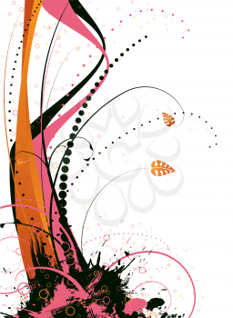Royalty Free Clipart Image of a Pink, Orange and Black Design With Leaves on White