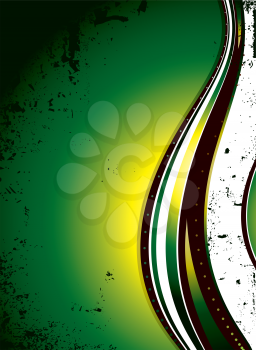 Royalty Free Clipart Image of a Green and Yellow Background With a Grunge Border and Flowing Lines