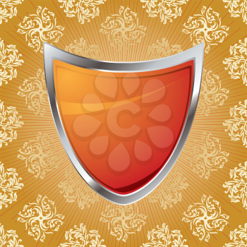 Royalty Free Clipart Image of a Shield on a Patterned Background