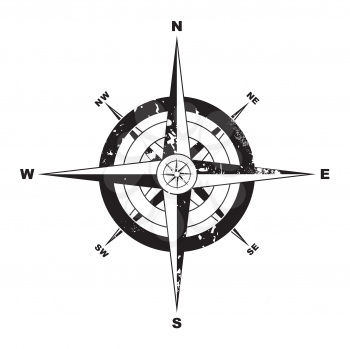 Black and white grunge compass with navigation directions